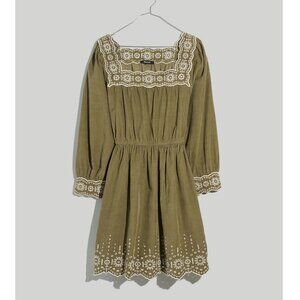 MADEWELL Embroidered Corduroy Square-Neck Mini Dress Olive Green sz M Women's